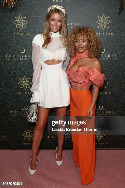 Jennifer Hawkins and Lillian Khallouf attend Everest Race Day at Royal Randwick Racecourse on October 13, 2018 in Sydney, Australia.