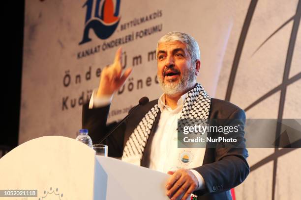 Former political bureau chief of Hamas, Khaled Mashal speaks as he attends the Baitul Maqdis Opinion Leaders Forum on October 12, 2018 in Istanbul,