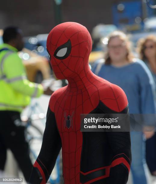Tom Holland on the set of "Spiderman: Far From Home" on October 12, 2018 in New York City.