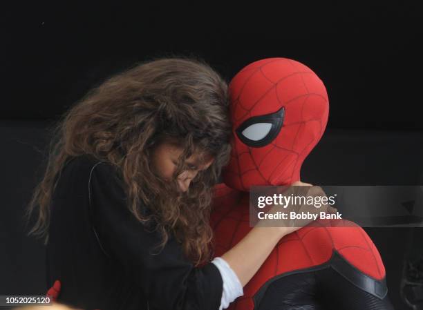 Tom Holland and Zendaya on the set of "Spiderman: Far From Home" on October 12, 2018 in New York City.