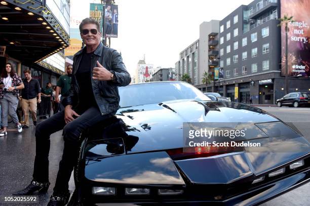 Actor David Hasselhoff attends the Strange 80's Benefit Concert in the original KITT car from the 1980's TV show Knight Rider at The Fonda Theatre on...