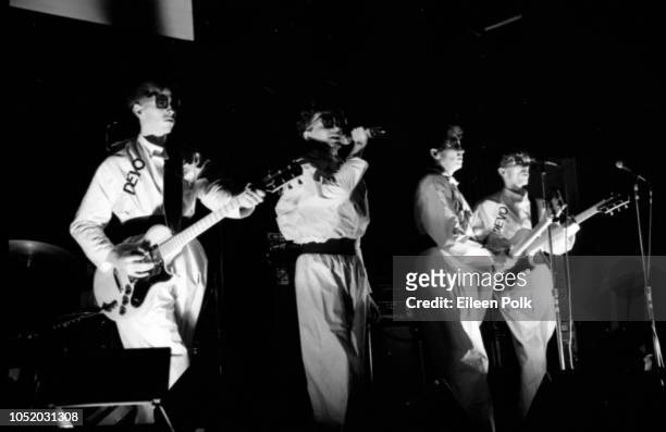 American New Wave group Devo performs onstage at the Bottom Line nightclub, New York, New York, October 1978. Pictured are Bob Casale , on guitar and...