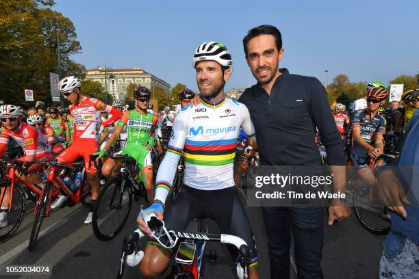 Start / Alejandro Valverde of Spain and Movistar Team / Alberto Contador of Spain Ex Pro-cyclist / Celebration / during the 112th Il Lombardia 2018 a...