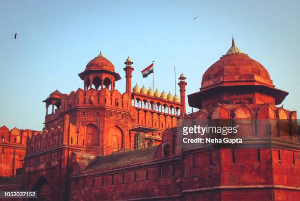 red fort, new delhi, india - tricolor flag - monument india stockfoto's en -beelden