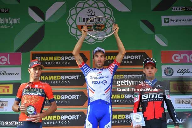 Podium / Vincenzo Nibali of Italy and Team Bahrain - Merida / Thibaut Pinot of France and Team Groupama - FDJ / Dylan Teuns of Belgium and Bmc Racing...