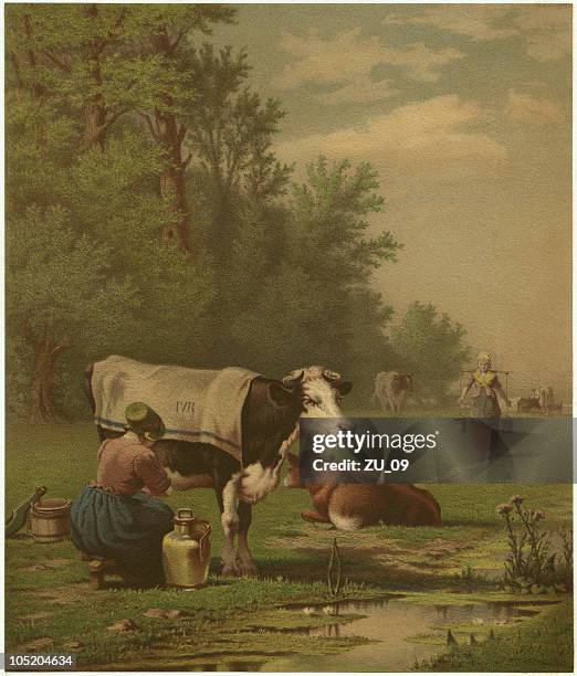 ilustrações de stock, clip art, desenhos animados e ícones de holandês pasto-por richard burnier (1826-1884 - milking