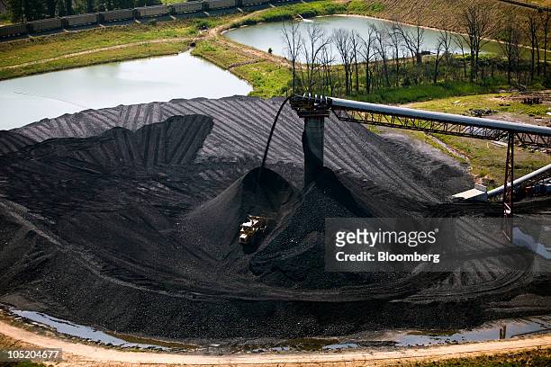 Bulldozer moves coal at Foresight Energy LLC's Pond Creek longwall coal mine in Johnston City, Illinois, U.S., in this aerial photo taken on Monday,...