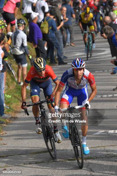 Vincenzo Nibali of Italy and Team Bahrain - Merida / Thibaut Pinot of France and Team Groupama - FDJ / Colma di Soriano / Fans / Public / during the...