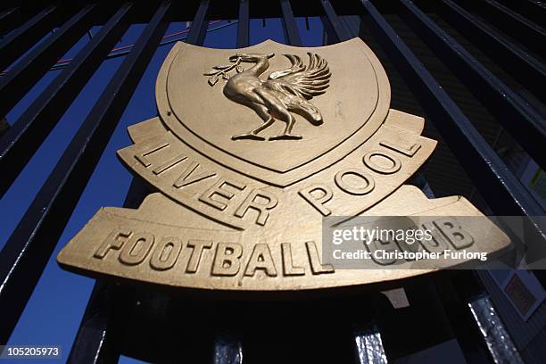 The Liverpool Football Club emblem, the Liver Bird, adorns the gates of Anfield on October 12, 2010 in Liverpool, England. The Royal Bank of...