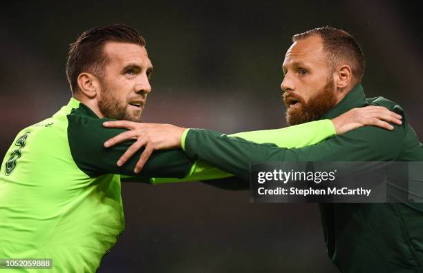 Dublin , Ireland - 13 October 2018; Shane Duffy, left, and David Meyler of Republic of Ireland warm up prior to the UEFA Nations League B group four...