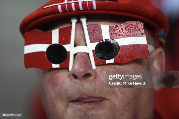 Denmark fan looks on during the UEFA Nations League B group four match between Irland and Denmark at Aviva Stadium on October 13, 2018 in Dublin,...