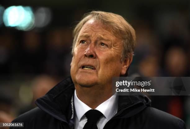 Aage Hareide, Manager of Denmark looks on ahead of the UEFA Nations League B group four match between Ireland and Denmark at Aviva Stadium on October...