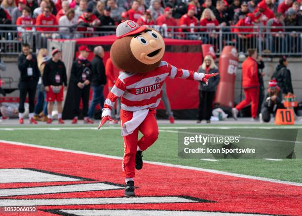 Brutus the Buckeye running around during the game between the Ohio State Buckeyes and the Minnesota Golden Gophers at Ohio Stadium in Columbus, Ohio...