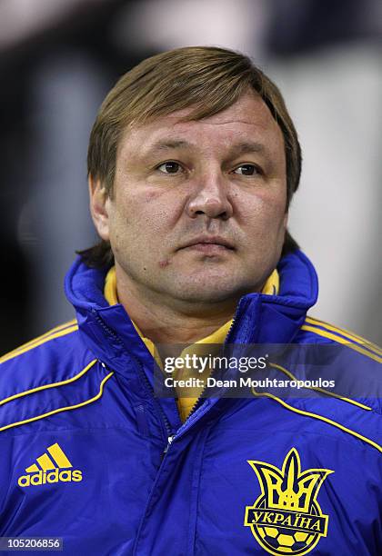 Ukraine Manager Yuriy Kalitvintsev looks on during the International Friendly match between Brazil and Ukraine at Pride Park Stadium on October 11,...