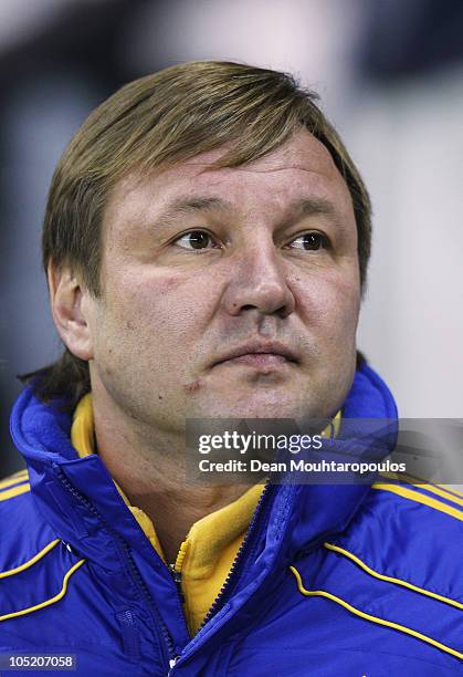 Ukraine Manager Yuriy Kalitvintsev looks on during the International Friendly match between Brazil and Ukraine at Pride Park Stadium on October 11,...