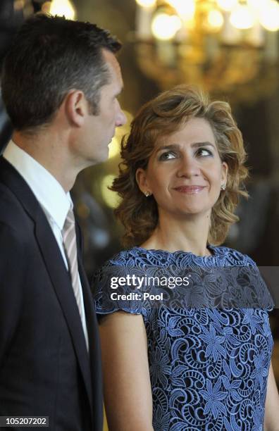 Princess Cristina of Spain and husband Inaki Urdangarin attend Spain's National Day Royal Reception at the Royal Palace on October 12, 2010 in...