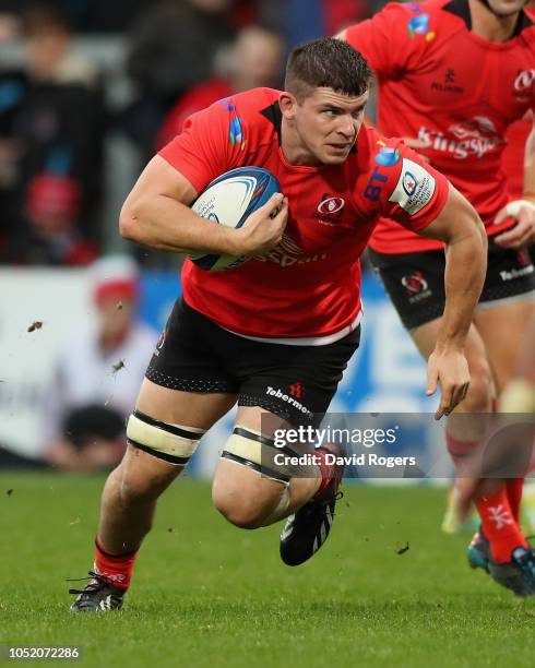 Nick Timoney of Ulster runs with the ball during the Champions Cup match between Ulster Rugby and Leicester Tigers at the Kingspan Stadium on October...