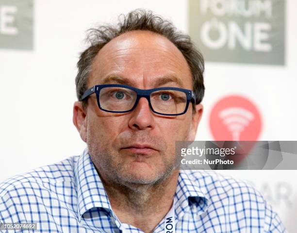 Co-founder of the online non-profit encyclopedia Wikipedia, Jimmy Wales speaks during a press conference in Kiev, Ukraine, on 13 October, 2018. Jimmy...