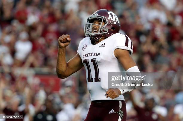 Kellen Mond of the Texas A&M Aggies reacts after a touchdown against the South Carolina Gamecocks during their game at Williams-Brice Stadium on...