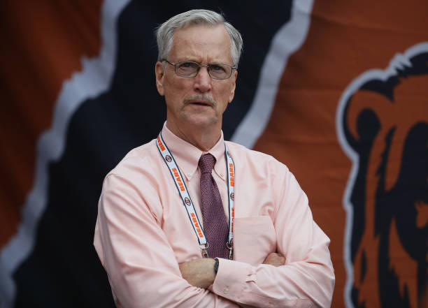 Chariman George McCaskey of the Chicago Bears watches a game against the Tampa Bay Buccaneers from the tunnelat Soldier Field on September 30, 2018...