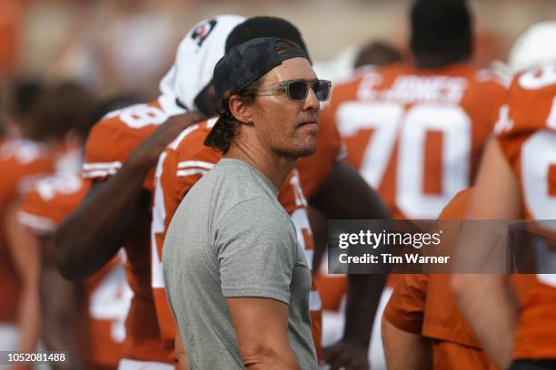 Matthew McConaughey watches from the sideline in the first half against the Baylor Bears at Darrell K Royal-Texas Memorial Stadium on October 13,...