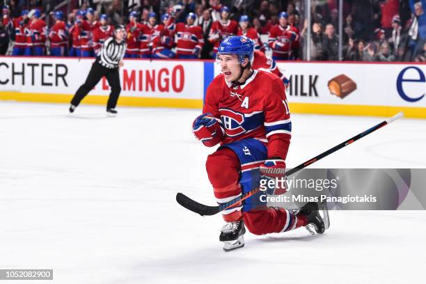 Brendan Gallagher of the Montreal Canadiens celebrates a second period goal against the Pittsburgh Penguins during the NHL game at the Bell Centre on...