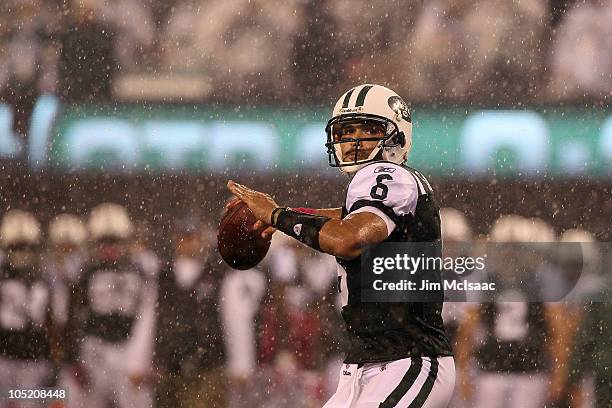 Quarterback Mark Sanchez of the New York Jets looks to throw a pass in the second quarter against the Minnesota Vikings at New Meadowlands Stadium on...