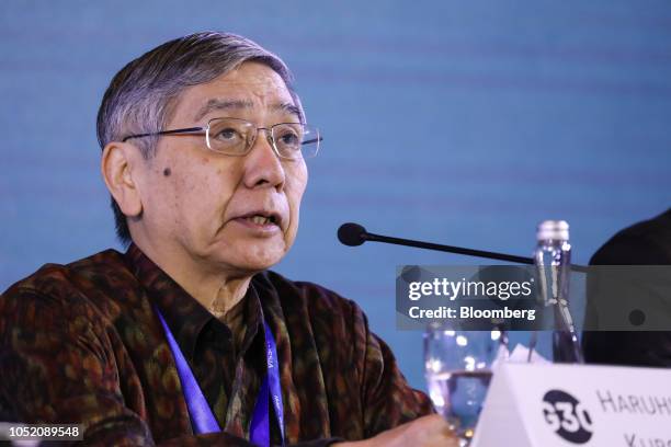 Haruhiko Kuroda, governor of the Bank of Japan, speaks at the International Monetary Fund and World Bank Group Annual Meetings in Nusa Dua, Bali,...