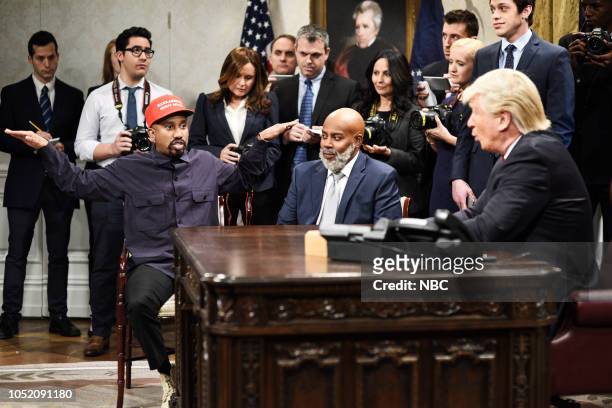 Seth Meyers" Episode 1749 -- Pictured: Chris Redd as Kanye West, Kenan Thompson as Jim Brown, Pete Davidson, Alec Baldwin as President Donald Trump...