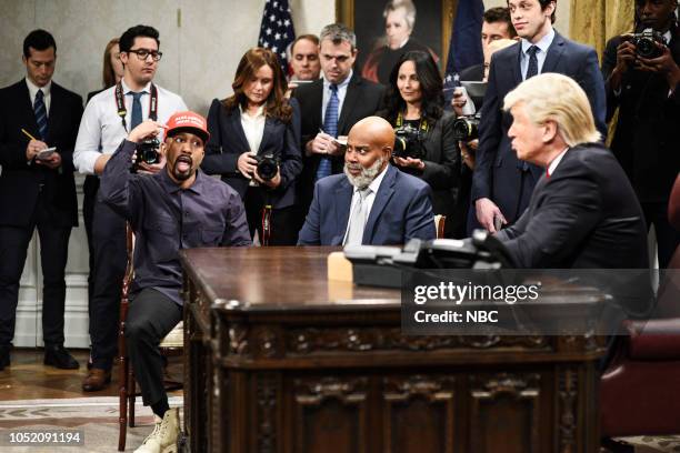 Seth Meyers" Episode 1749 -- Pictured: Chris Redd as Kanye West, Kenan Thompson as Jim Brown, Pete Davidson, Alec Baldwin as President Donald Trump...