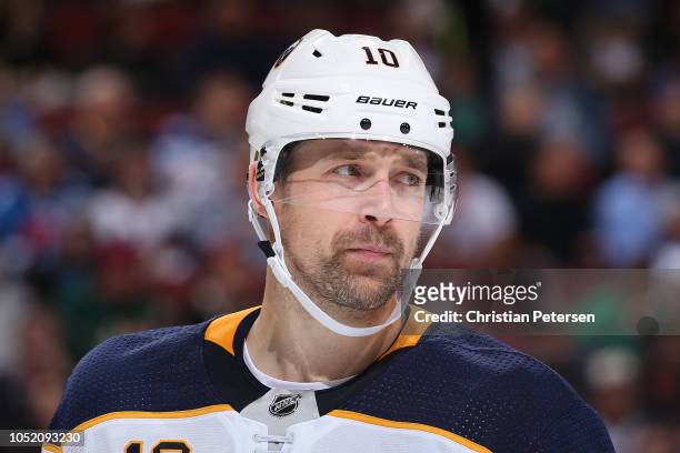Patrik Berglund of the Buffalo Sabres awaits a face off against the Arizona Coyotes during the third period of the NHL game at Gila River Arena on...