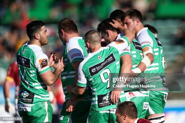 Antonio Kiri Kiri of Manawatu celebrates with Kayne Hammington, Liam Mitchell and Nehe Milner-Skudder after scoring a try during the round nine Mitre...