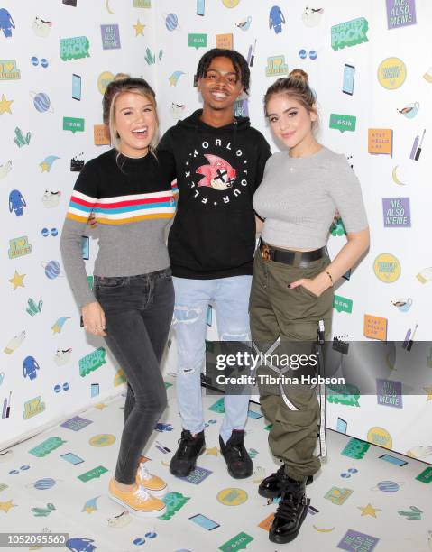 Mikaela Long, Kenny Knox and Lauren Giraldo attend AT&T Hello Lab's 'STARTER PACK' LOG ON: The Internet Experience Pop-Up on October 13, 2018 in Los...