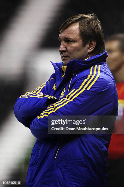 Ukraine Manager Yuriy Kalitvintsev looks on during the International Friendly match between Brazil and Ukraine at Pride Park Stadium on October 11,...