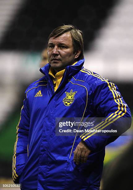 Ukraine Manager Yuriy Kalitvintsev looks on during the International Friendly match between Brazil and Ukraine at Pride Park Stadium on October 11,...