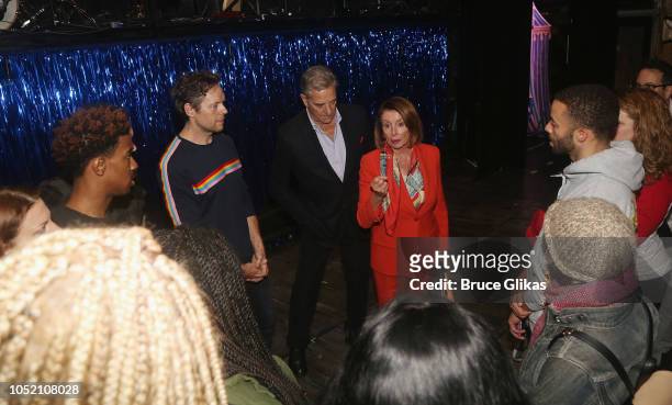 House of Representatves Leader Nancy Pelosi speaks with the cast backstage at the hit musical based on "The Go-Go's" songs "Head Over Heels" on...