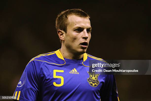 Oleg Gusiev of Ukraine looks on during the International Friendly match between Brazil and Ukraine at Pride Park Stadium on October 11, 2010 in...