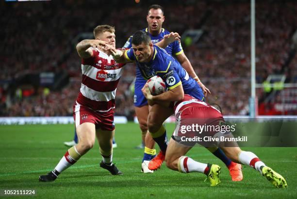 Bryson Goodwin of Warrington Wolves in action during the BetFred Super League Grand Final between Warrington Wolves v Wigan Warriors at Old Trafford...