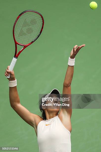 Caroline Garcia of France serves during the singles final match against Karolina Pliskova of Czech Republic on Day 7 of 2018 WTA Tianjin Open at...