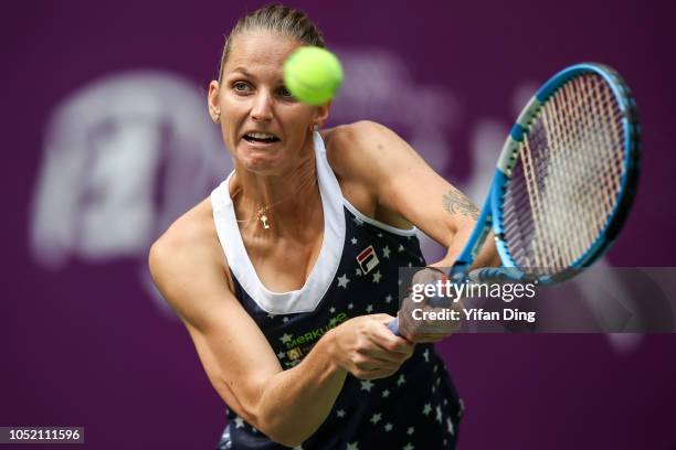 Karolina Pliskova of Czech Republic returns a shot during the singles final match against Caroline Garcia of France on Day 7 of 2018 WTA Tianjin Open...