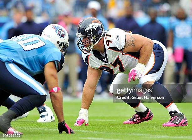 Justin Bannan of the Denver Broncos against the Tennessee Titans at LP Field on October 3, 2010 in Nashville, Tennessee. Denver won 26-20.