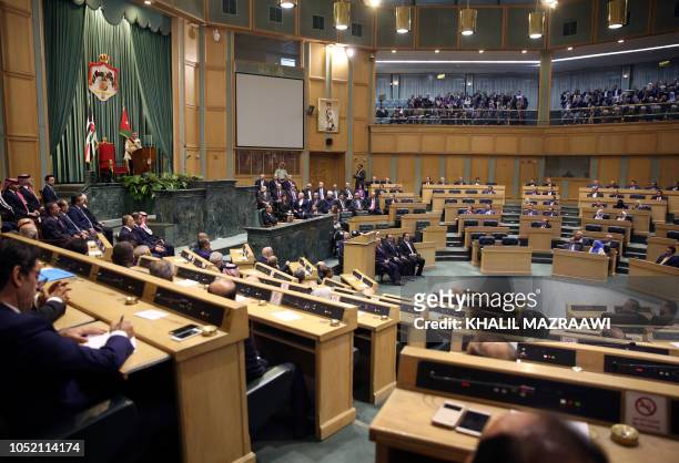 Jordan's King Abdullah II delivers a speech to the parliament, as he opens the third regular session session in the capital Amman on October 14, 2018.
