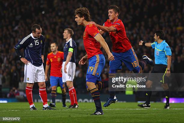 Fernando Llorente of Spain celebrates his goal during the UEFA EURO 2012 Group I qualifying match between Scotland and Spain at Hampden Park on...