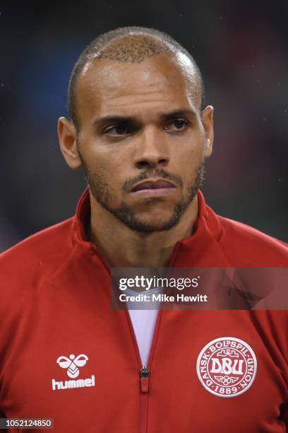 Martin Braithwaite of Denmark looks on during the UEFA Nations League B Group Four match between Ireland and Denmark at Aviva Stadium on October 13,...