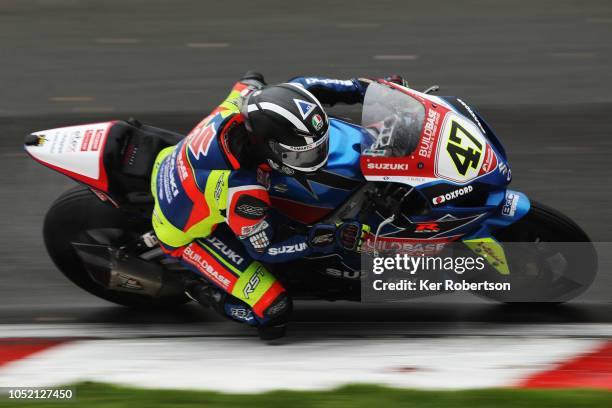 Richard Cooper of Buildbase Suzuki rides on his way to winning the final race of the British Superbike Championship at Brands Hatch on October 14,...