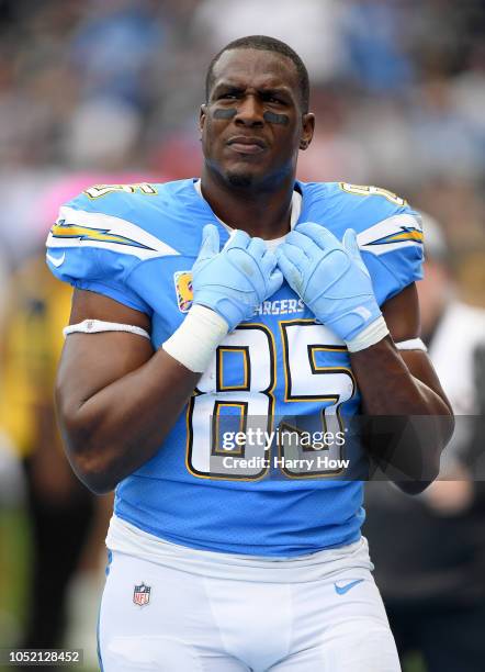 Antonio Gates of the Los Angeles Chargers on the sidelines during the game against the Oakland Raiders at StubHub Center on October 7, 2018 in...