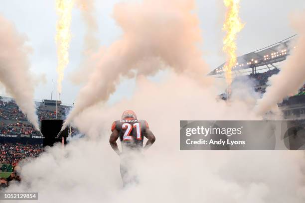 Darqueze Dennard of the Cincinnati Bengals runs on to the field after being introduced to the crowd prior to the start of the game against the...