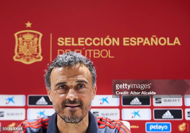 Luis Enrique, Spain Manager speaks to the press during the Spain Press Conference at Estadio Benito Villamarin on October 14, 2018 in Seville, Spain.