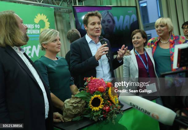 Katharina Schulze and Ludwig Hartmann, co-lead candidates of the German Greens Party , speak to supporters as leading Greens Party federal party...