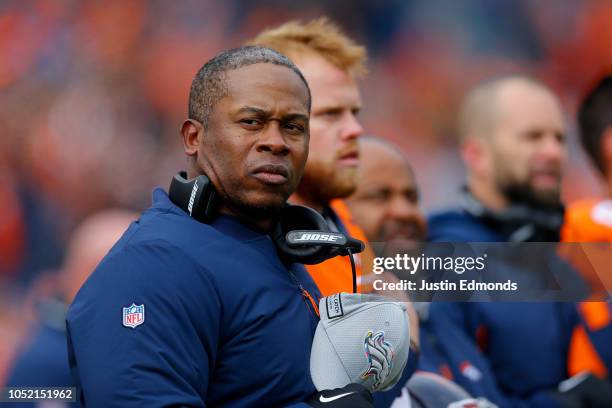 Head coach Vance Joseph of the Denver Broncos stands on the field during the National Anthem before a game against the Los Angeles Rams at Broncos...